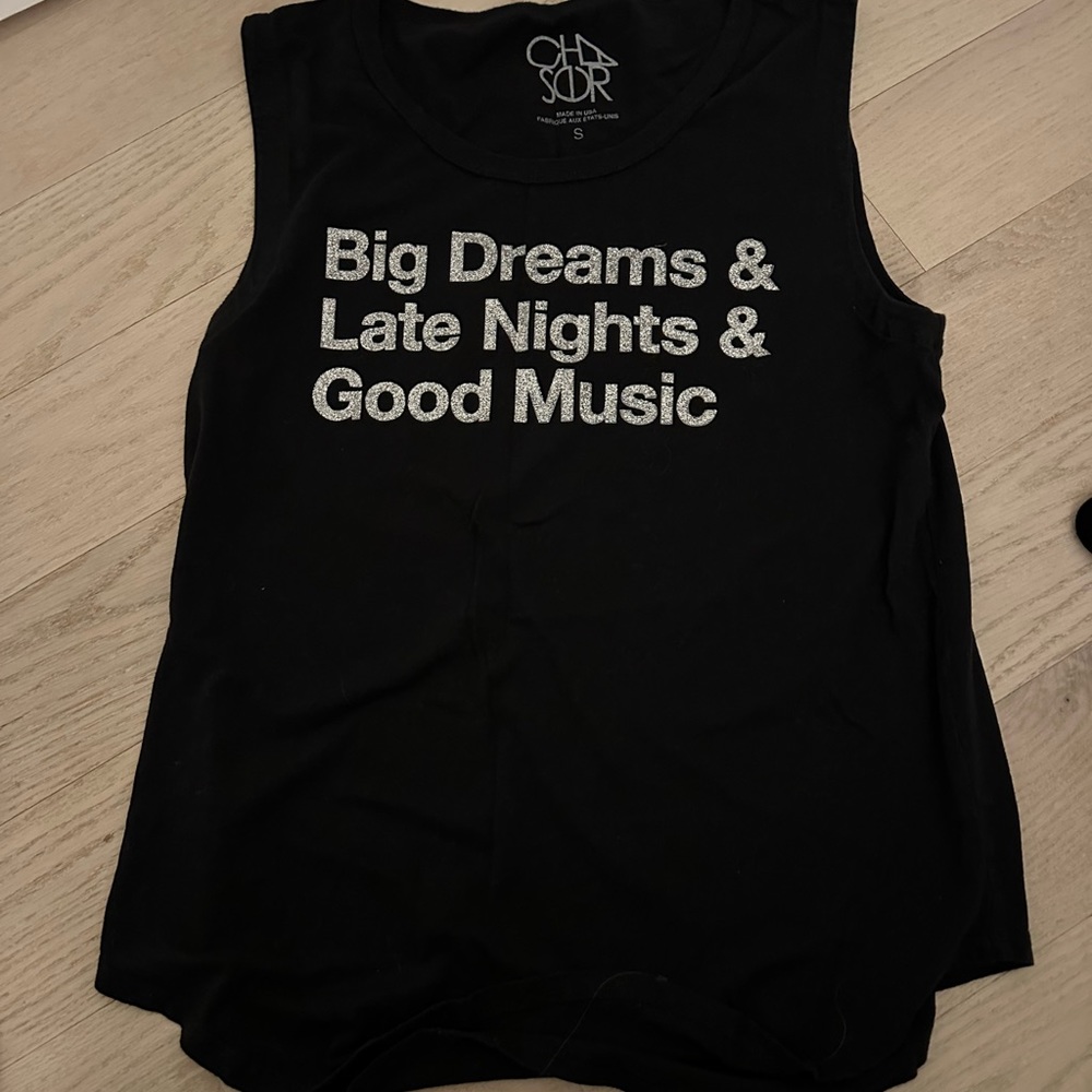 Chaser Sleeveless Graphic tee in black with silver sparkles